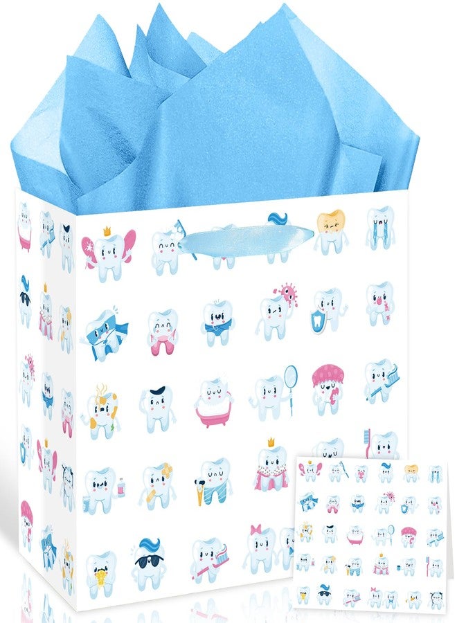 Wayyogh Tooth Party Gift Bag Cartoon First Tooth Decorations Gift Bag with Tissue Paper Greeting Card for Baby's First Tooth Fairy Birthday Clinic Party Baby Shower Oral Health Week Decorations Decor Supplies - Image 1